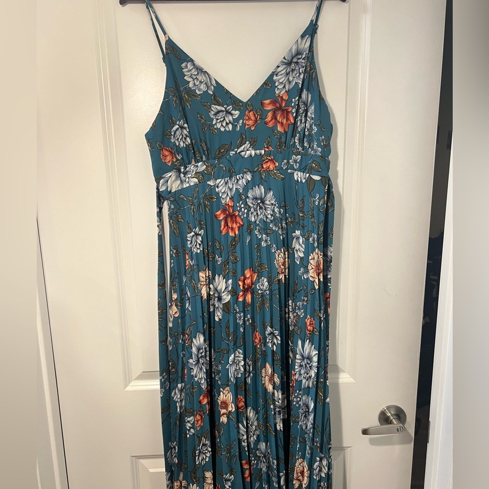 Full length pleated blue/green floral dress